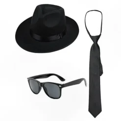 1920'er Herrekostumesæt med Gangsterhat, Slips og Solbriller til Temaoutfits og Begivenheder Black