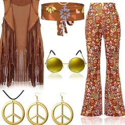 70'er Hippie Fest Retro Kostume Kvast Vest+bukser+tørklæde Kostume Kamel Farve L