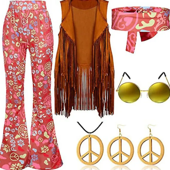 70'er Hippie Party Retro Kostume Tofs Vest+bukser+halstørklæde Kostume Pink-FF- Pink XXL