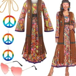 60'er kostume kvinder, hippie kvindesæt, 70'er disco halloween outfits, hippie tøj kvindekostume, 60'er tøj tilbehør[qb] L