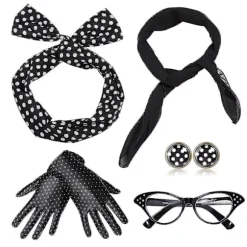 50'er Kostume Sjal Polka Dot Hårbånd Øreringe Katteøjne Briller Sjal - Snngv Basic kit