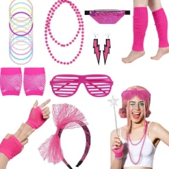 80'er Neon Festtøj Kostume Tilbehør Sæt, 1980'er Retro Tema Fest Dekoration Outfit til Kvinder Piger Med taske - Rosarød Med taske - Rose Red ...
