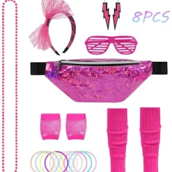 80'er Neon Festtøj Kostume Tilbehør Sæt, 1980'er Retro Temafest Dekoration Outfit til Kvinder Piger Med taske - Rose Rød With bag - Rose Red One size | Fyndiq