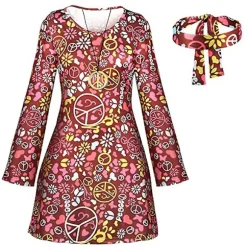70'er og 80'er Hippie Kostumesæt til Kvinder, Disco Outfit, Hårbånd, Kjole, Cosplay Fest, Gaver Brun