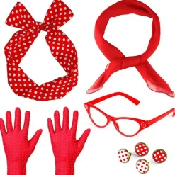 50'er og 60'er Retro Vintage Kostume Tilbehørssæt til Kvinder - Tørklæde, Cat Eye Briller, Polka Dot Bandana Tie Hovedbånd, Øreringe og Handsker (5stk) Red | Fyndiq