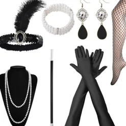 1920'er Tilbehør til Kvinder, Gatsby Tilbehør Kvinder Sæt Mode Brølende 20'er Tema Hårbånd Lange Sorte Handsker Halskæde Øreringe Cosplay