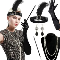 1920'er Tilbehør til Kvinder, Gatsby Tilbehør Kvinder Sæt Mode Brølende 20'er Tema Hårbånd Lange Sorte Handsker Halskæde Øreringe Cosplay