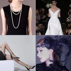 1920'er Tilbehør til Kvinder, Gatsby Tilbehør Kvinder Sæt Mode Brølende 20'er Tema Hårbånd Lange Sorte Handsker Halskæde Øreringe Cosplay