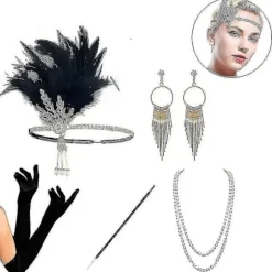 1920'er Tilbehørssæt Flapper Pandebånd, øreringe, perlehalskæde, handsker Style 2