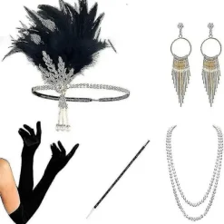 1920'er Tilbehørssæt Flapper Pandebånd, øreringe, perlehalskæde, handsker Style 2