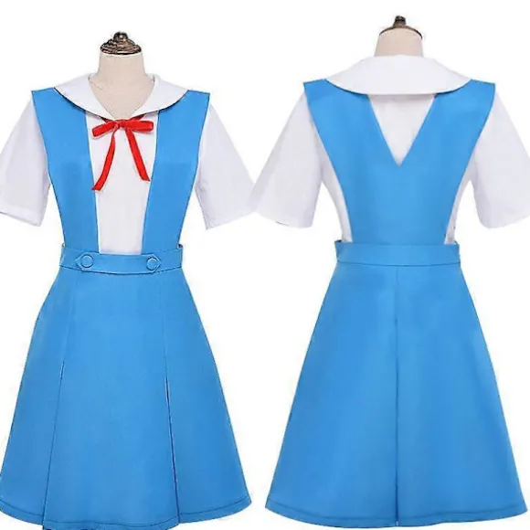 Evangelion Skoleuniform Cosplay Kostumesæt Ayanami Rei & Asuka Stil Blå Jumperkjole Med Hvid Skjorte Og Rødt Bånd Med Detaljeret Tilbehør F XXL