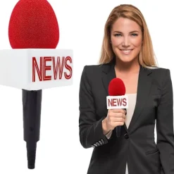 Falsk mikrofonrekvisit, præsentationsmikrofon, velegnet til Halloween-kostumer for reportere, nyhedsoplæsere og journalister. Red