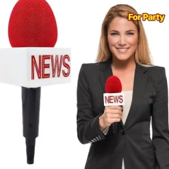 Falsk mikrofonrekvisit, præsentationsmikrofon, velegnet til Halloween-kostumer for reportere, nyhedsoplæsere og journalister. Red