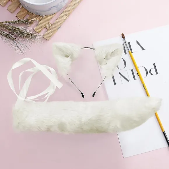 Falsk Pels Katte-Ulveører Hårbånd Lang Hale Sæt Sød Farve Anime Klæd Dig Ud Dyr Cosplay Kostume Halloween Party Rekvisitter