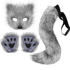Falsk Pels Ræv Hale Kat Varulv Cosplay Kostume Sæt Blød Maske Fluffy Poter Handsker Halloween Jul Mørkegrå Dark gray One Size