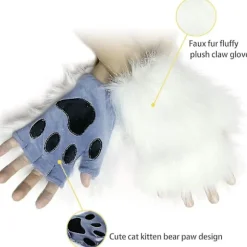 Falsk Pels Rævehale Kat Ulv Cosplay Kostume Sæt Blød Maske Fluffy Poter Handsker Halloween Jul White