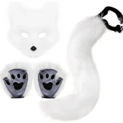 Falsk Pels Rævehale Kat Ulv Cosplay Kostume Sæt Blød Maske Fluffy Poter Handsker Halloween Jul