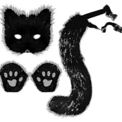 Falsk pels rævehale kat ulv cosplay kostumesæt plysmaske fluffy vanter halloween jul Black