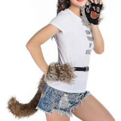 Falsk pels rævehale kat ulv cosplay kostumesæt plysmaske fluffy vanter halloween jul Black