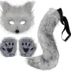 Falsk pels rævehale kat ulv cosplay sæt plys maske fluffy pote handsker halloween jul-WELLNESS