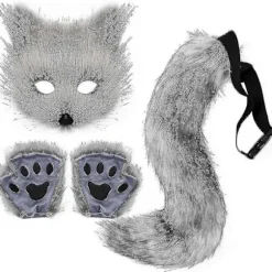 Falsk pels rævehale kat ulv cosplay sæt plys maske fluffy pote handsker halloween jul-WELLNESS