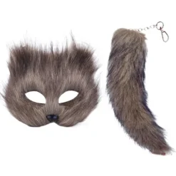 Falsk Pels Rævehale Kattemaske Therian Maske og Hale Halloween Cosplay Party-WELLNGS Gray