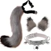 Faux Fur Katteører Hårklemme Furry Ulv Ræv Lang Hale Kostume Halloween Fest Hals Chocker Cosplay Sæt (Grå-Sort) (FMY)