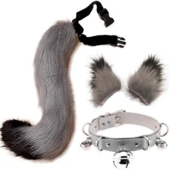 Faux Fur Katteører Hårklemme Furry Ulv Ræv Lang Hale Kostume Halloween Fest Hals Chocker Cosplay Sæt (Grå-Sort) (FMY)