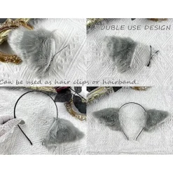Faux Fur Katteører Hårklemme Furry Ulv Ræv Lang Hale Kostume Halloween Fest Hals Chocker Cosplay Sæt (Grå-Sort) (FMY)