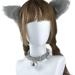 Faux Fur Katteører Hårklemme Furry Ulv Ræv Lang Hale Kostume Halloween Fest Hals Chocker Cosplay Sæt (Grå-Sort) (FMY)