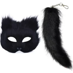Faux Pelsrævar Hale Katte Maske Therian Maske og Hale Halloween Cosplays Fest Black