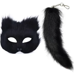 Faux Pelsræve Hale Katte Maske Therian Maske og Hale Halloween Cosplay Fest Sort Black