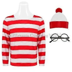 Find Holger Cosplay Kostume Holger Cos Rød og Hvid Stribet Skjorte Briller Hat Voksen Jul XXL