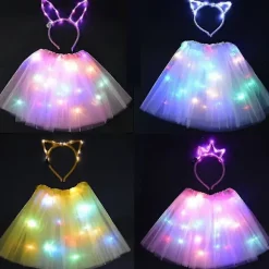 Flickerende Tutu-nederdel med LED-lys til piger og kvinder, fe-lys, tutu, glød, katteører, krone, hårbånd, festgave, fødselsdag, bryllup, kostume 18 for children | Fyndiq