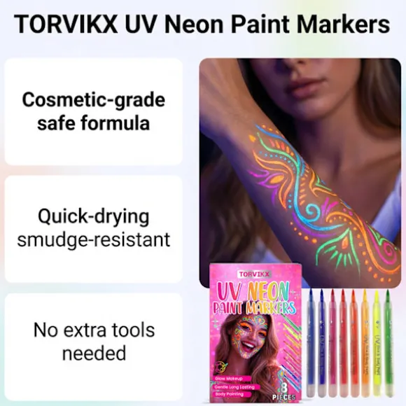 Fluorescerende ansigts- og kropsmaling, der lyser i mørke; nem at påføre og vaske af.