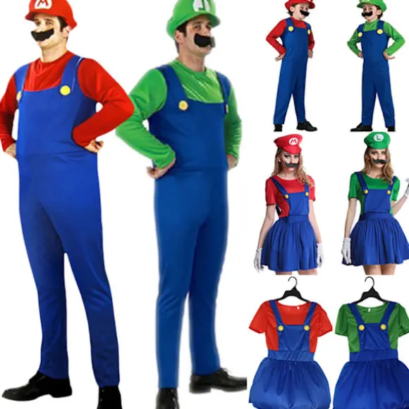 (FY) Super Mario-kostume Udklædning Børne Udklædning + Hat Sæt Mænd-Grøn Mænd-Grøn Men-Green M