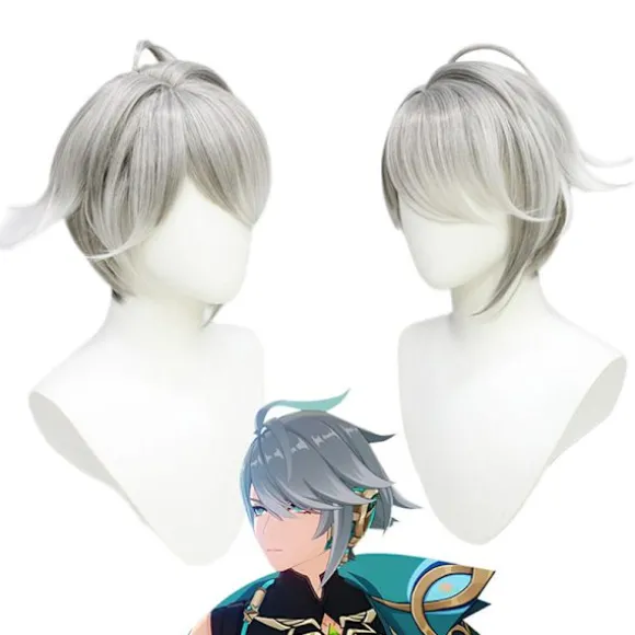 Genshin Impact Al Haitham Cosplay Paryk Kort Grå Hvid Paryk Anime, CJY