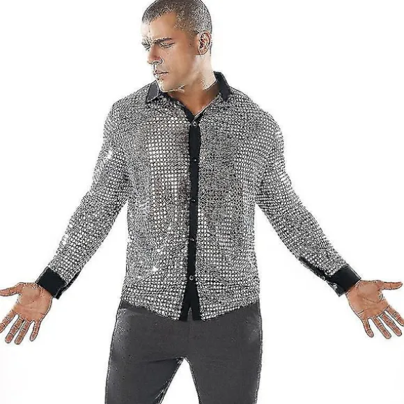 Glitter Sølv Pailletnet Herre Disco Danse Skjorte M, 60'erne 70'erne