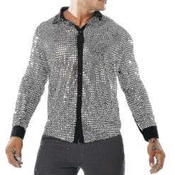 Glitter Sølv Pailletnet Herre Disco Danse Skjorte M, 60'erne 70'erne