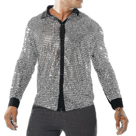 Glitter Sølv Pailletnet Herre Disco Danse Skjorte M, 60'erne 70'erne