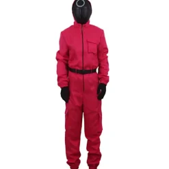 Gos- Squid Game Jumpsuit Halloween regning hus coswear Onesie + bælte + handsker + maske Fyrkantig mask S