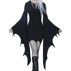 Gotisk Tøj Kvinders Batwing Ærme Kjole Halloween Kostume Sort Steampunk Mini Kjole Vampyr Cosplay Hexe Kostume XL
