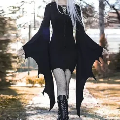 Gotisk Tøj Kvinders Batwing Ærme Kjole Halloween Kostume Sort Steampunk Mini Kjole Vampyr Cosplay Hexe Kostume XL