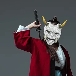 Grå japansk samurai maske Hannya Oni samurai latex maske, Halloween dæmon kostume maske, japansk samurai cosplay maske