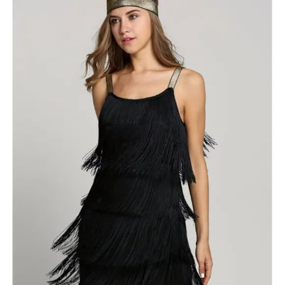 Great Gatsby Flapper Kjole 1920'er Fest Vintage Kvast Dame Frynset Kjoler Sort-FQ- Black M