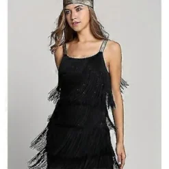 Great Gatsby Kjole 1920'er Fest Vintage Kvaster Dame Frynsekjoler (M Sort)