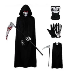 Grim Reaper Halloween Kostumer, Hætteklædt Kappe Fløjl Sort Kappe med Le, Kranie Maske, Skelet Handsker Grim Reaper Fest Kostumer til Voksne