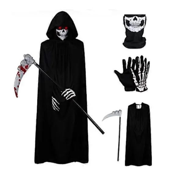 Grim Reaper Halloween Kostumer, Hætteklædt Kappe Fløjl Sort Kappe med Le, Kranie Maske, Skelet Handsker Grim Reaper Fest Kostumer til Voksne