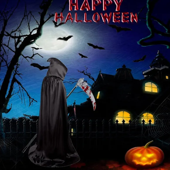Grim Reaper Halloween Kostumer, Hætteklædt Kappe Fløjl Sort Kappe med Le, Kranie Maske, Skelet Handsker Grim Reaper Fest Kostumer til Voksne