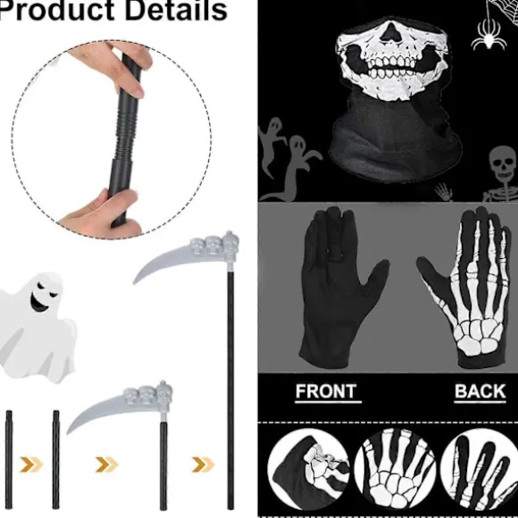 Grim Reaper Halloween Kostumer, Hætteklædt Kappe Fløjl Sort Kappe med Le, Kranie Maske, Skelet Handsker Grim Reaper Fest Kostumer til Voksne